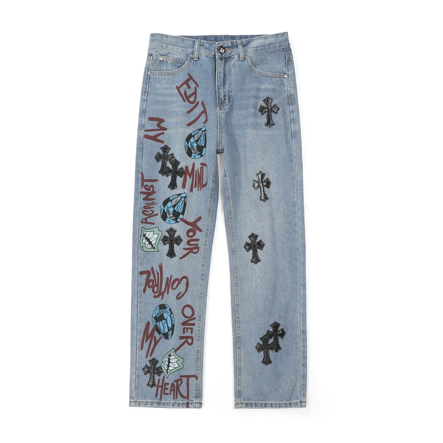 P240 Chrome hearts print stitching black leather classic washed jeans. Really restores the ultimate vintage texture. Three-dimensional version. Loose and comfortable, not picky on the figure. Looks taller and slimmer. Factory precision. Original factory quality control. Same style for men and women. Can be matched with couples. Versatile recommendation. Must-have jeans for all seasons. Fashionistas have been disappointed. From the quality selection of fabrics, the tailoring of details, and the matching of patterns, they are all impeccable! The upper body is so handsome when worn...it can be easily worn by men, women and children! The craftsmanship is made of heavy-duty washed pure cotton denim fabric. After washing, it is soft and thick. It is very stylish when worn on the body. Color: blue Size: 28 30 32 34 36